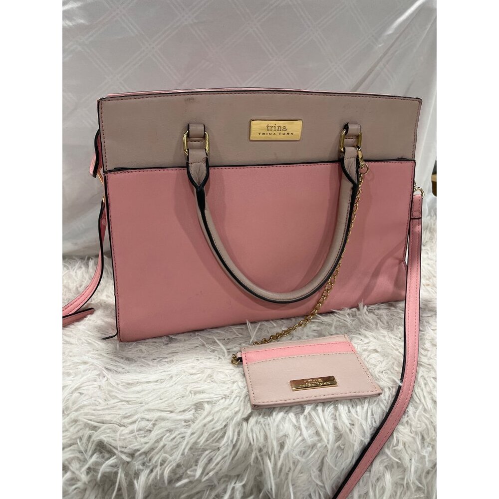 Trina Turk Womens Pink & Beige Tote Bag With Card Holder & Chain Strap